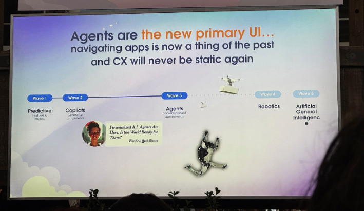 A picture of a slide from Agentforce World Tour that says Agents are the new primary UI...navigating apps is now a thing of the past and CX will never be static again.
